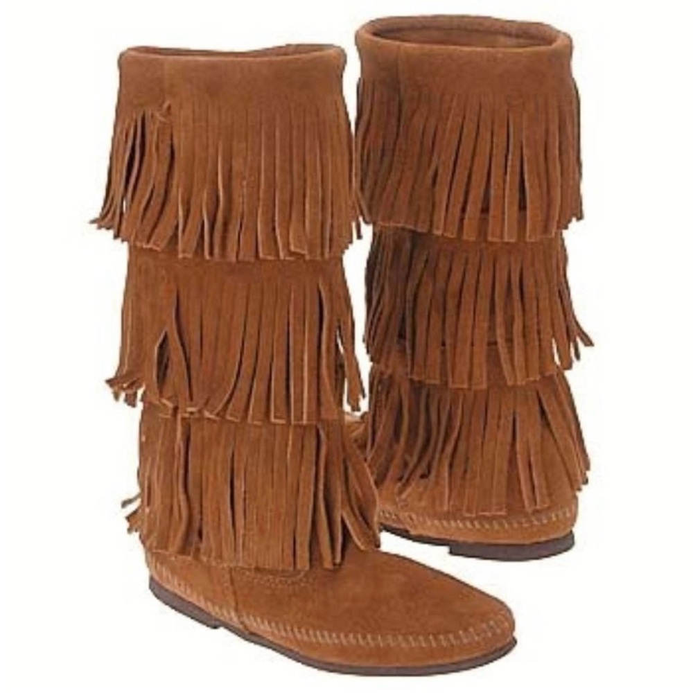 Minnetonka Triple Fringe Suede Moccasin Boots - Chestnut